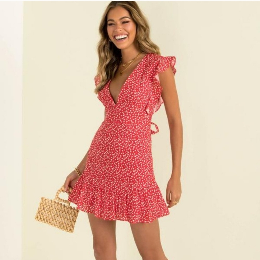 Red Floral Ruffle Dress - Picture 2 of 5